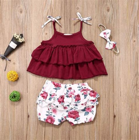 3pcs Toddler Baby Girl Summer Outfits Ruffle Topfloral Shortsheadband