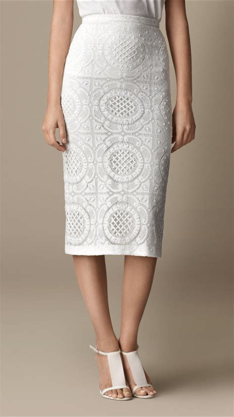 Burberry Lace Pencil Skirt In White Lyst