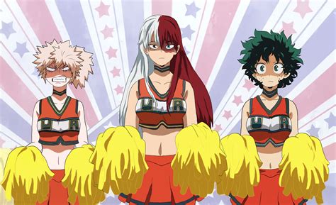 Todoroki is like hey baka bakugou don't hit midoriya. genderbend Todoroki, Bakugou, and Deku in cheer uniforms ...