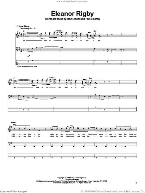Famous pop songs for classical guitar 1 (arr. Beatles - Eleanor Rigby sheet music for bass (tablature) (bass guitar)