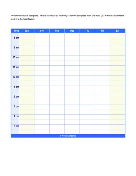 Weekly Schedule Template With 30 Minutes Increment In Word And Pdf Formats