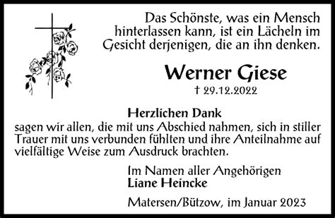 Traueranzeigen Von Werner Giese Trauer Anzeigende