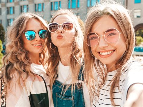 Free Photo Three Young Smiling Hipster Women In Summer Clothesgirls Taking Selfie Self
