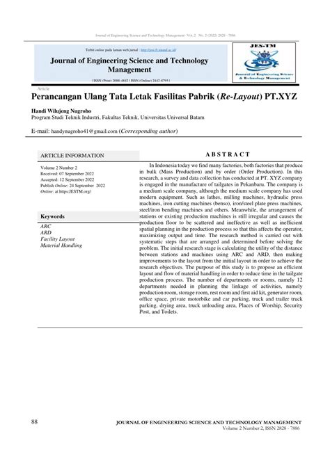 PDF Perancangan Ulang Tata Letak Fasilitas Pabrik Re Layout PT XYZ