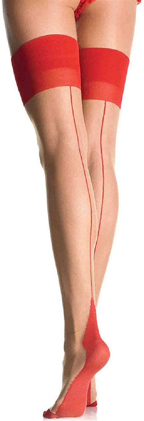 Leg Avenue Deluxe Sheer Nude Red Back Seam Retro Stockings Leg
