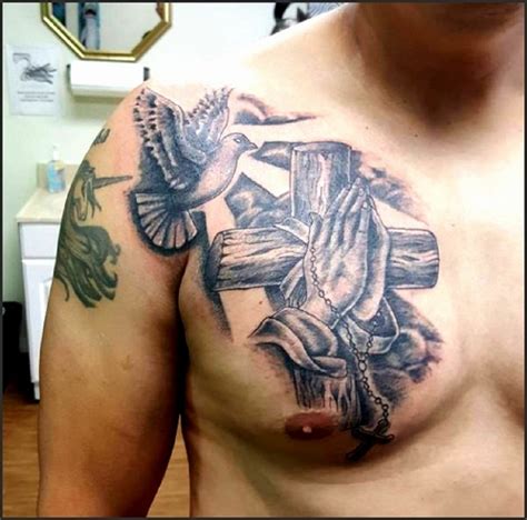 The tattoo is a popular choice in the world of remembrance and memorial tattoos. Scripture Prayer Hand Tattoo On Chest - Tattoos Gallery