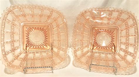 Antique Blush Pink Depression Glass Square Salad Dessert Plates Set Of Two