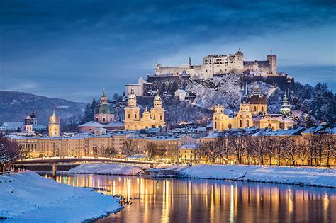 Image Salzburg Austria Castle Winter Sky Rivers Night Time Cities