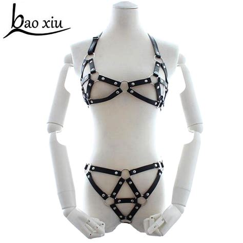 hot halter real leather harness handcrafted body bondage bra chest caged waist belt straps