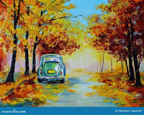 Oil Painting Landscape Car In The Colorful Autumn Forest Road Stock