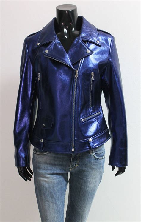 Metallic Blue Women Biker Genuine Leather Jacket Jackets Maker Blue