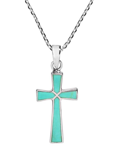 Minimalism Christian Cross Simulated Turquoise 925 Sterling Silver