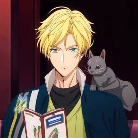 An Anime Character Holding A Book With A Cat Sitting On His Shoulder