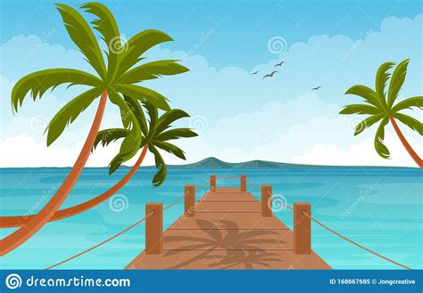 Vacation In Tropical Beach Sea Palm Tree Summer Landscape Illustration