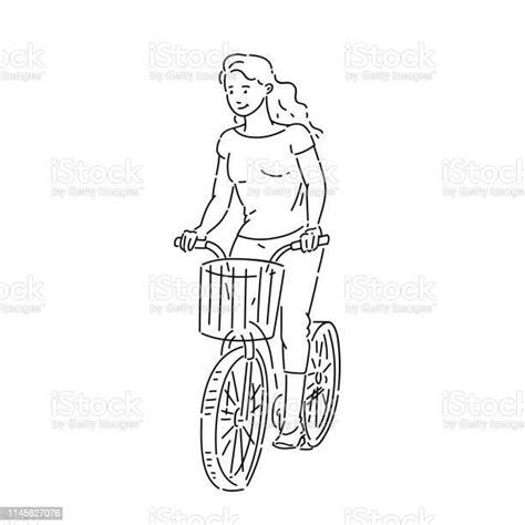 Girl Rides Bicycle With Shopping Basket In Summer Time Line Art Style