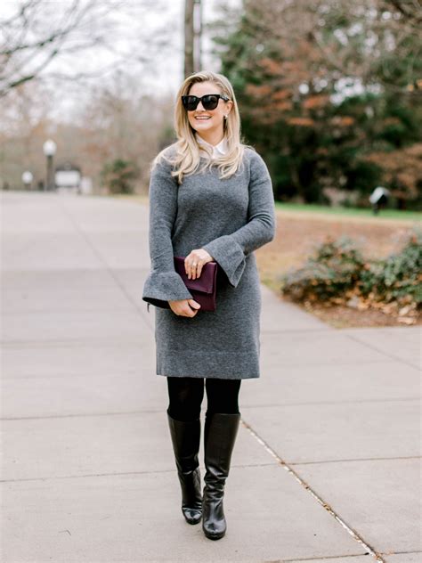How To Style A Sweater Dress With Tights And Tall Boots In The Wintertime Outfits With