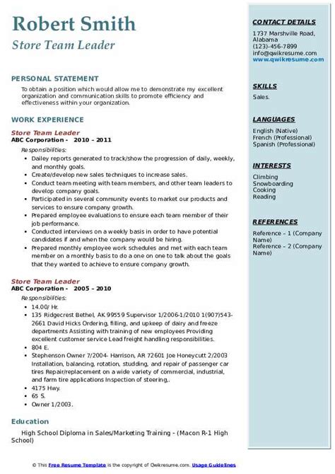 Looking for a team leader position in a construction company to streamline customer issues and train a team of skilled and unskilled workers for achieving. Store Team Leader Resume Samples | QwikResume