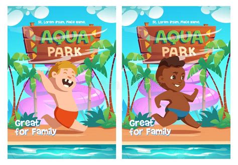 Aqua Park Cartoon Posters Kids Playing In Aquapark Stock Vector