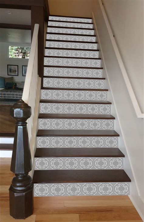 Of course, there are variations of the straight staircase that include open risers. Painted Stairways - Grey Mosaic Tile Stairs - RiserArt