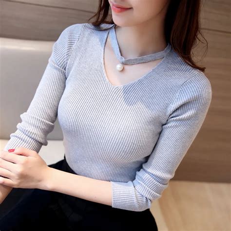 Women Spring Autumn Hanging V Neck Sweaters Beading Ladies Long Sleeve Knitted Pullovers Solid