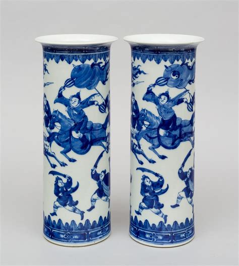 Pair Of Chinese Porcelain Blue And White Tubular Open Vases With A