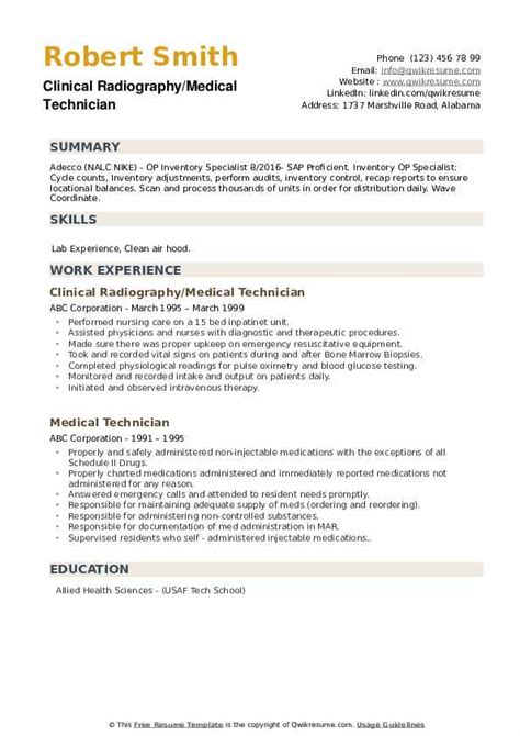 Medical Technician Resume Samples Qwikresume