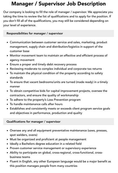 Manager Supervisor Job Description Velvet Jobs