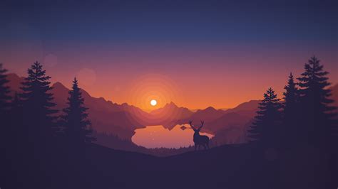 Wallpaper Scenic Mountain Sun Trees Deer Minimalism Forest Toon