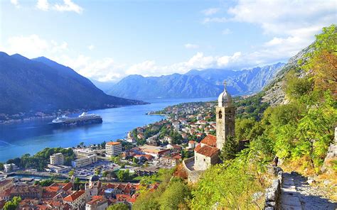 Kotor Bay Montenegro River Mountains City Houses Clouds Hd