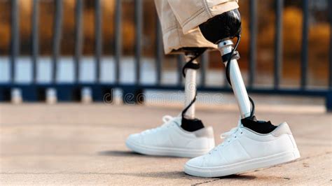 View Of A Walking Man With Prosthetic Legs And White Sneakers Stock
