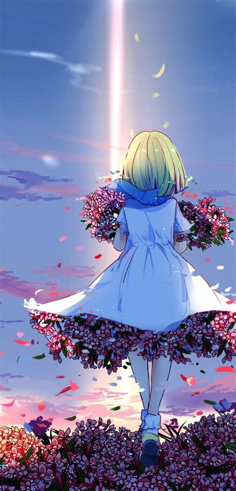 Download 1080x2240 Anime Girl Spring Back View Colorful Flowers