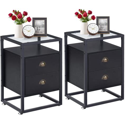 Vecelo Set Of 2 Glass Top Nightstand With 2 Drawer Modern Side End