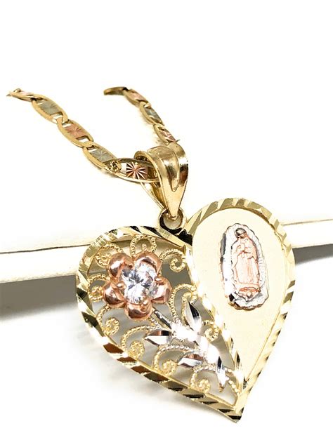 10k Solid Gold Tri Color Virrgin Mary Heart And Flower Cz Pendant Neckla