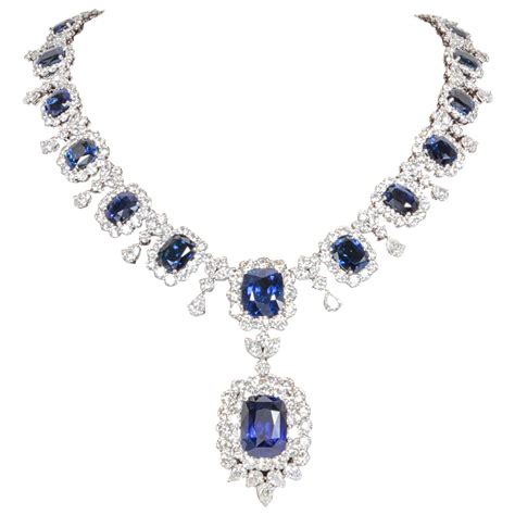 Important Cushion Cut Ceylon Sapphire Diamond Platinum Necklace For