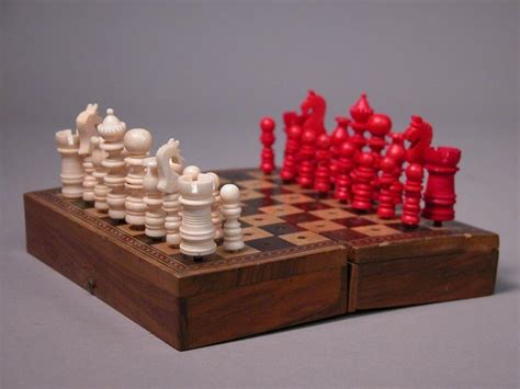 Miniature Chess Set For Fashion Doll Bone Pieces And Inlaid Wood From