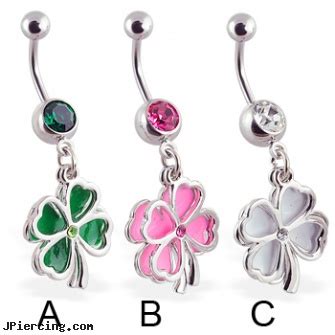 Navel Ring With Dangling Clovers Length 7 16 11mm