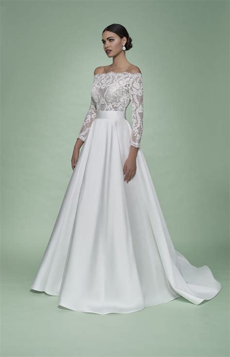 Strapless 34 Sleeve Ball Gown Wedding Dress With Lace Bodice And