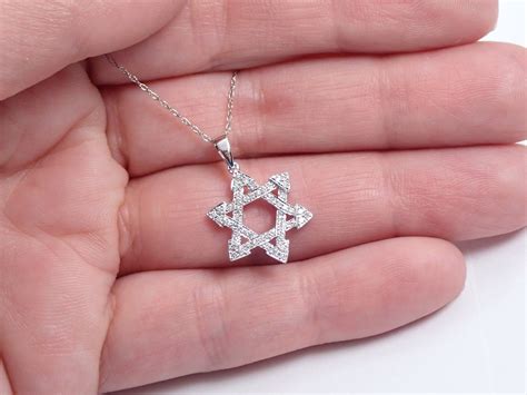 Diamond Star Of David Pendant Necklace 14k White Gold 17 Chain Jewish