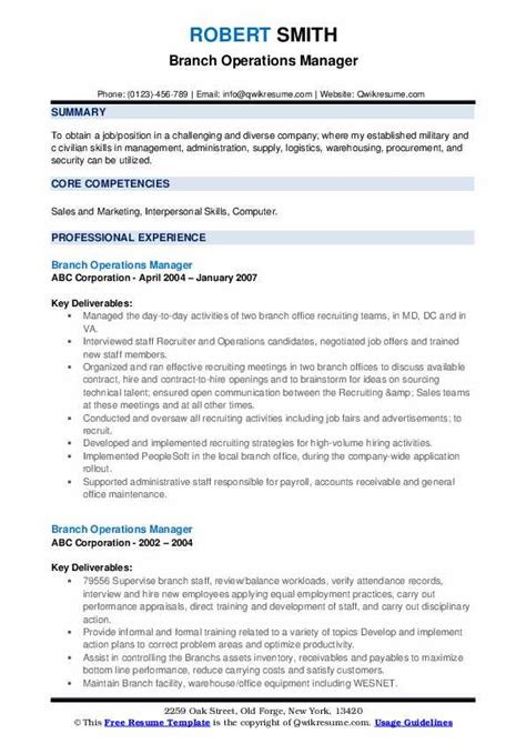 Maybe you would like to learn more about one of these? Branch Operations Manager Resume Samples | QwikResume