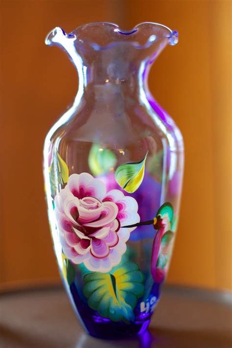 Hand Painted Glass Vase With Roses And Hummingbirds Acrylic