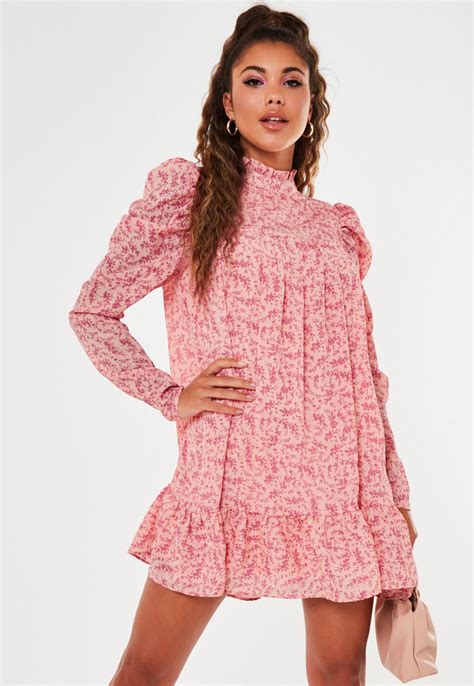 Pink Ditsy Floral High Neck Puff Sleeve Smock Dress Missguided Ireland