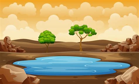 Premium Vector Scene With Water Hole In The Field Illustration