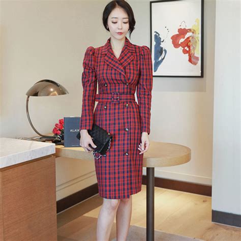 wholesale korean design lapel double breasted plaid dress yfj101783