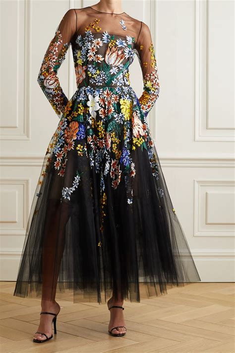 Black Embellished Floral Print Tulle Midi Dress Oscar De La Renta In