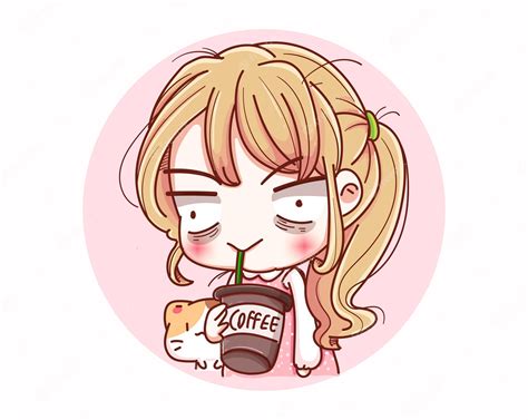 Premium Vector Sleepy Girl Drinking Coffee And Cartoon Character Design