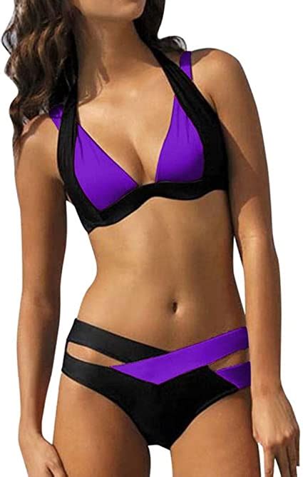 Womens Purple And Black Bathing Suit Two Pieces Colorful Girls Crochet Lace High Waist V Neck