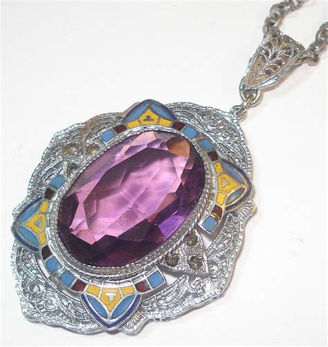 Vintage Art Deco Rhodium Enamel Necklace Enamel Jewelry Enamel