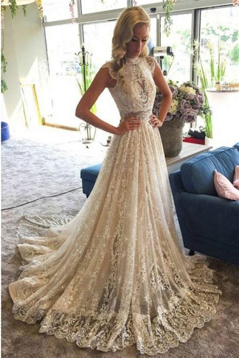 Stunning Appliques High Neck Lace Wedding Dress With Sequins W493 Ombreprom