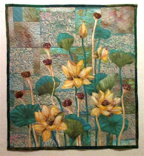 Hand Painted Fabric Art Quilt Wallhanging Lotus Etsy Art Quilts