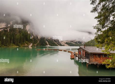 Lago Di Braies A Beautiful Mountain Lake At Italy Dolomites Stock Photo